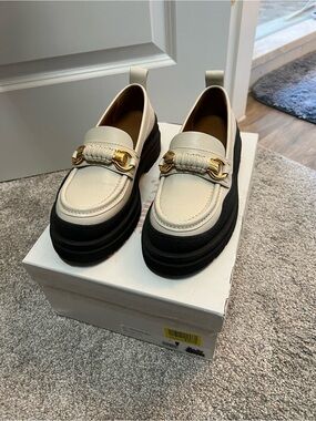 See by Chloe Cream and Black Platform Loafers with Gold Hardware